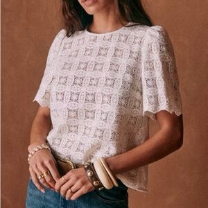 Sezane Lilo Short Sleeve Lace Crochet Top Cream Ecru Size 34